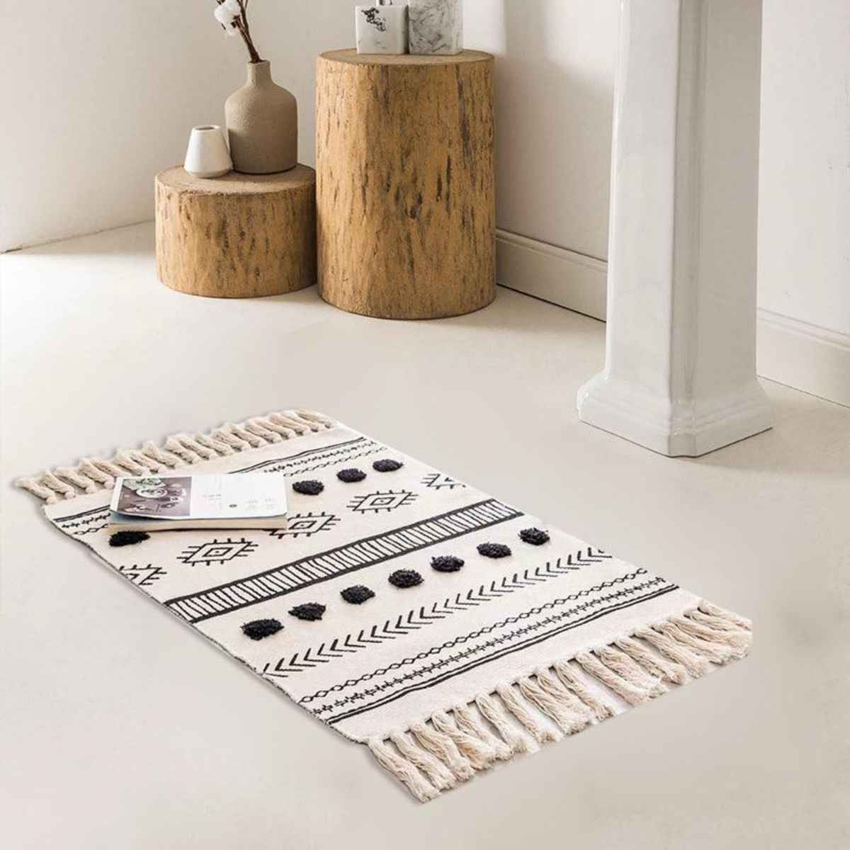 ANGELES DEL HOGAR - ALFOMBRA PEQUEÑA DE LINO Y ALGODÓN DE ESTILO NÓRDICO Y BOHEMIO 60X90CM