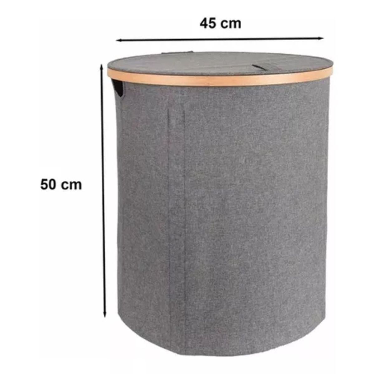 GENERICO - Cesto Canasto Ropa Sucia Plegable Borde Madera Con Tapa Redonda Gris