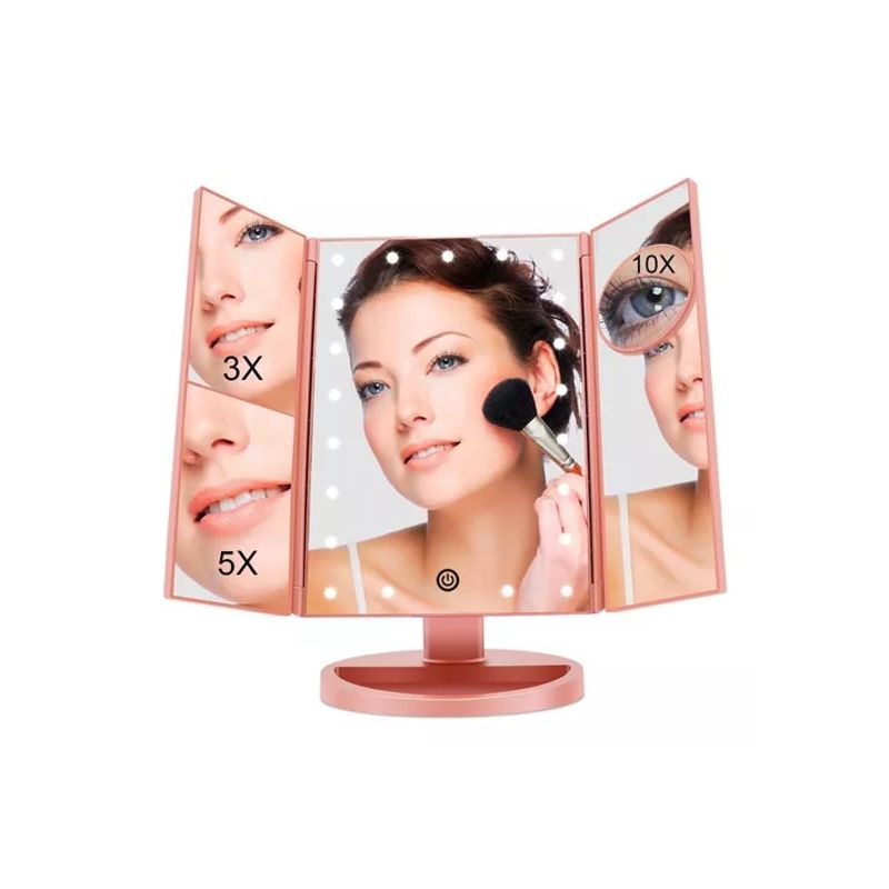GENERICO - Espejo Maquillaje 22 Luces LED Aumento X1 X2 X3 X10 Giratorio Rosa