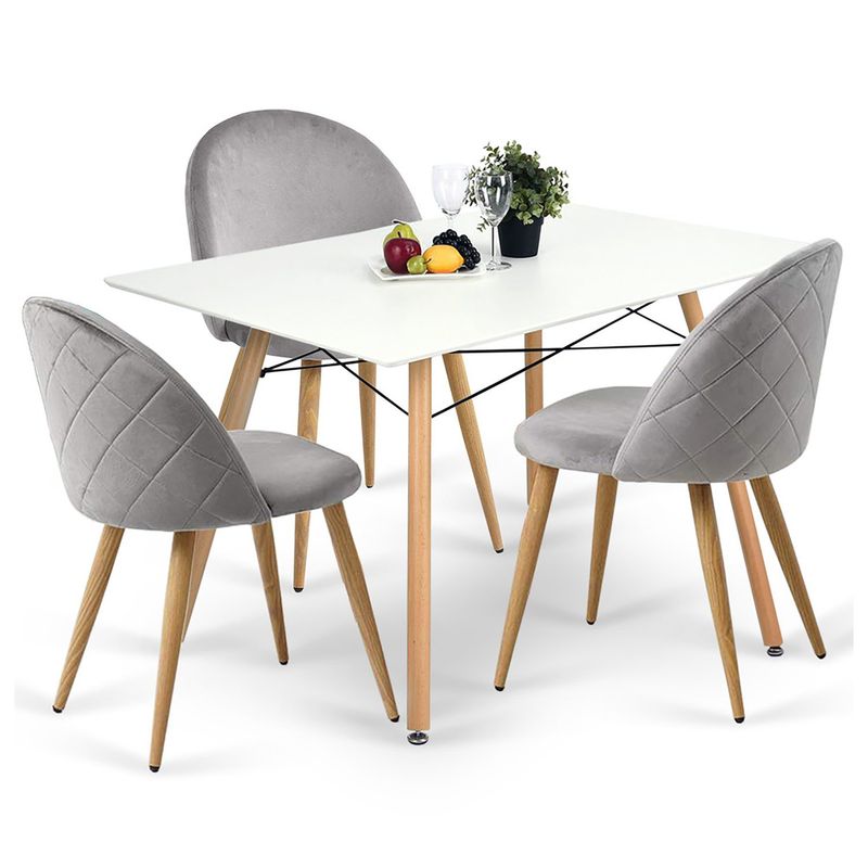 NOVAHUS - Comedor 4P Nórdico Eames 110X80cm + Sillas Terciopelo Grises