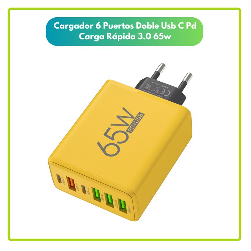 GENERICO - Cargador 6 Puertos Doble Usb C Pd Carga Rapida 3.0 65w