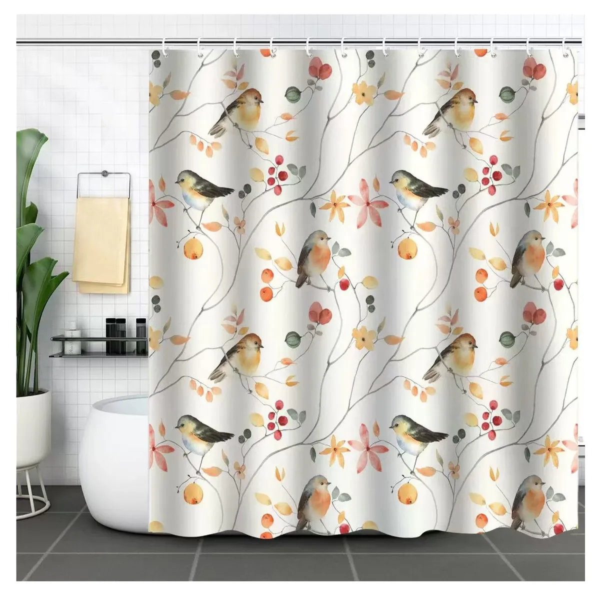 COMPRAPO - Cortina Baño Impermeable Amanecer de Aves más 12 Ganchos