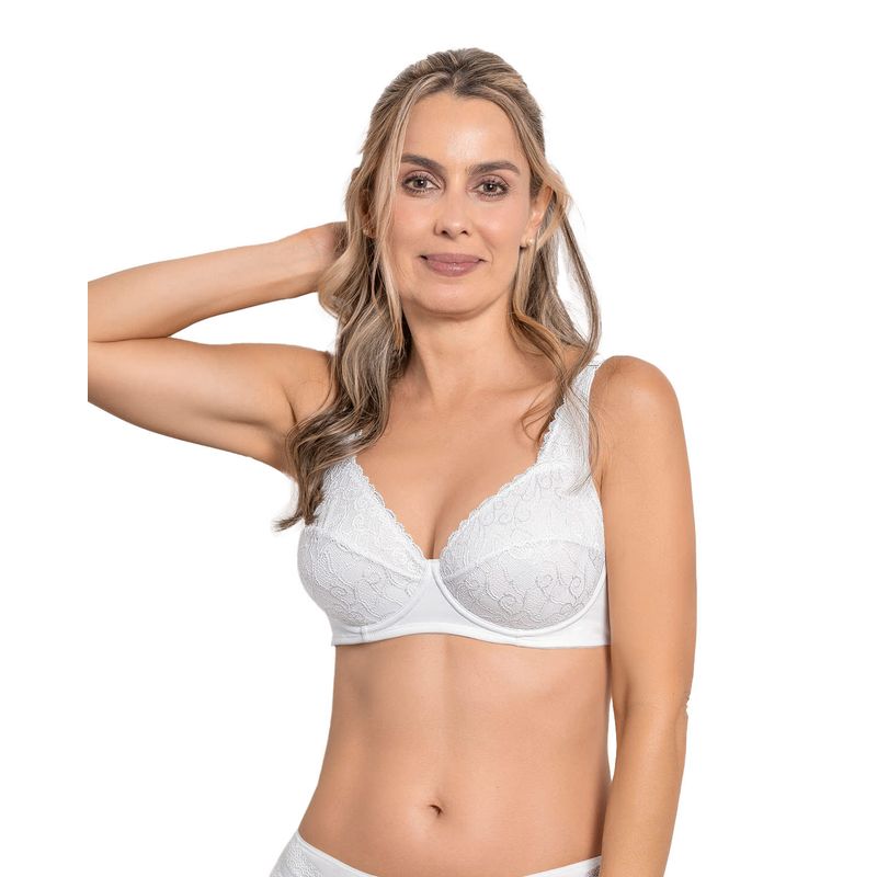 LEONISA - Sostén triangular con copas en encaje y espalda en tela lisa 71357 Blanco