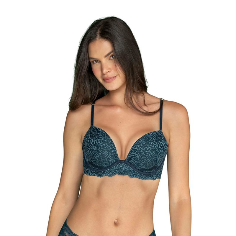LEONISA - Sostén doble realce escote profundo elaborado en encaje 71345 Verde Oscuro