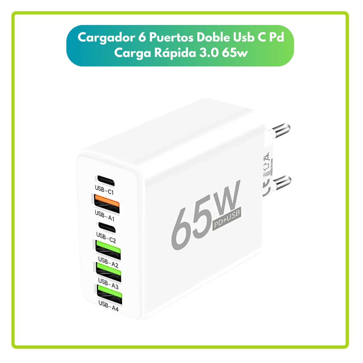 GENERICO - Cargador 6 Puertos Doble Usb C Pd Carga Rapida 3.0 65w