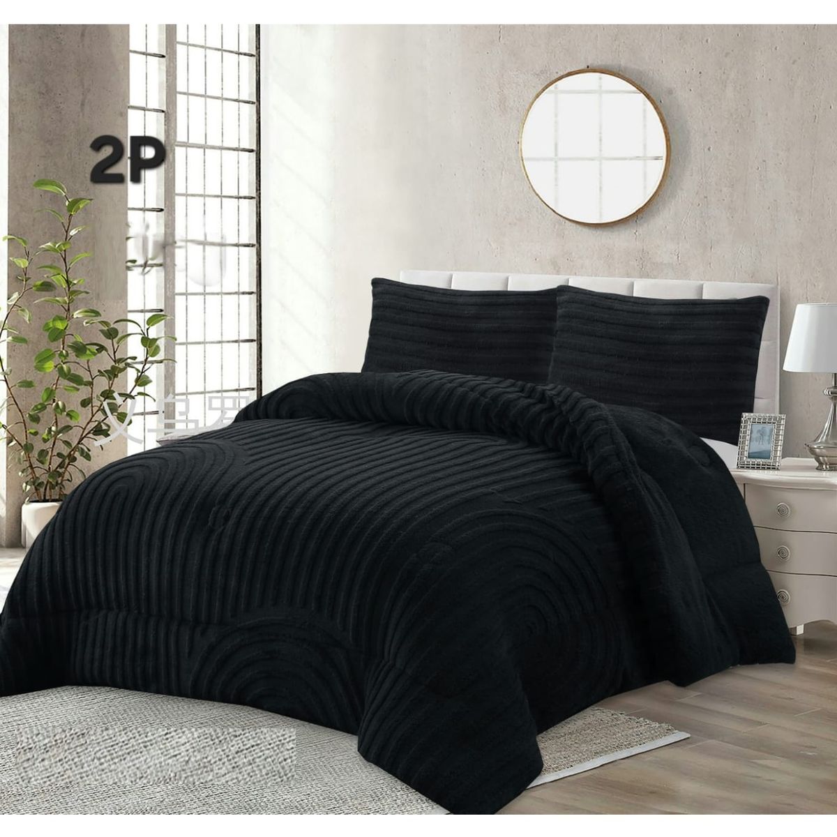 COMPRAPO - Cobertor Chiporro Líneas y Arcos 2 Plazas Gris + 2 Fundas