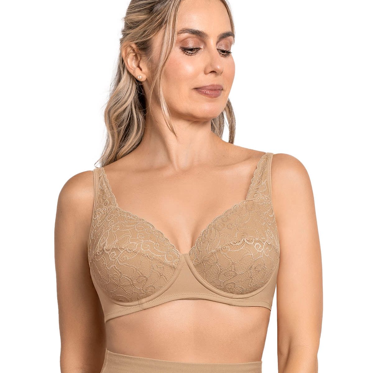 LEONISA - Sostén triangular con copas en encaje y espalda en tela lisa 71357 Café