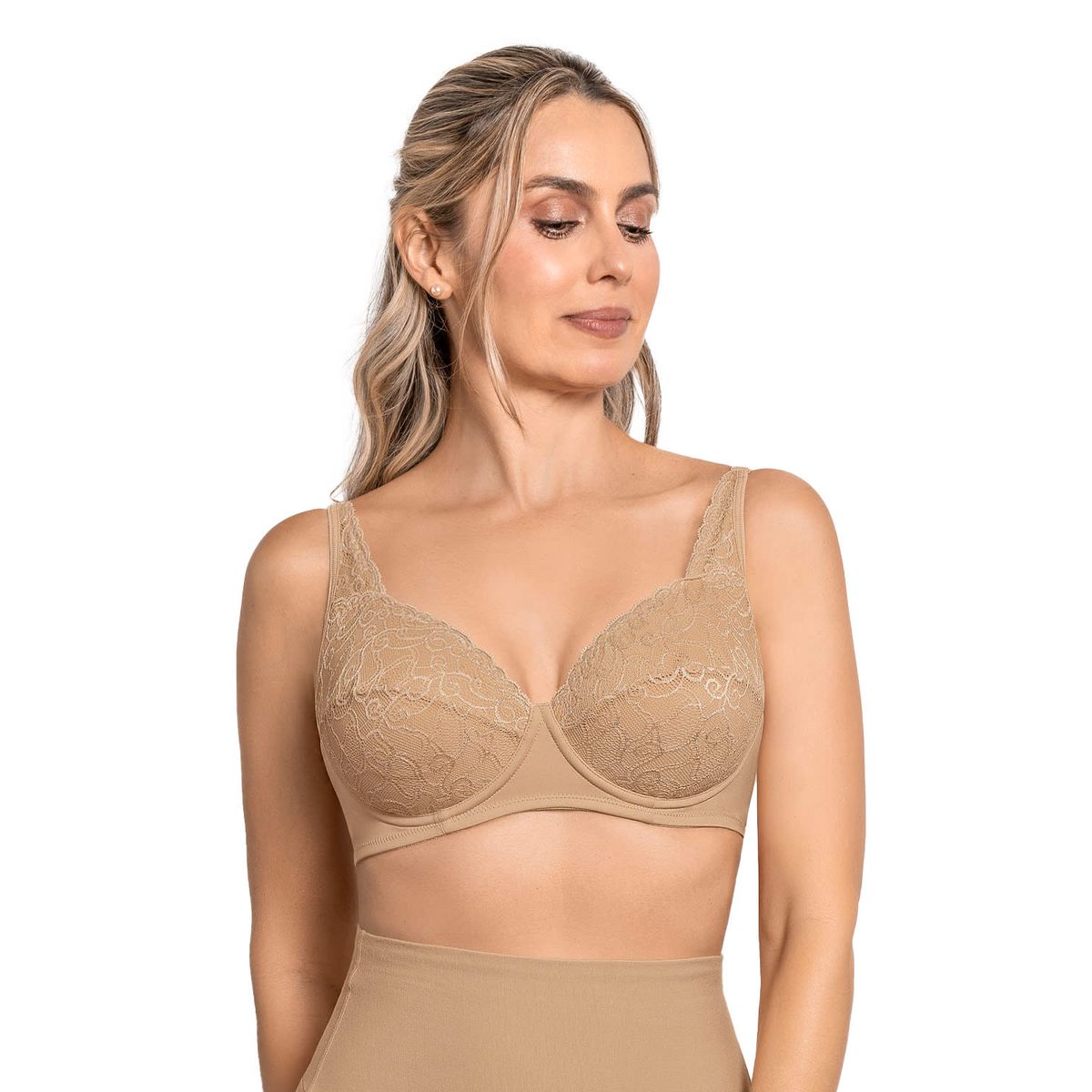 LEONISA - Sostén triangular con copas en encaje y espalda en tela lisa 71357 Café