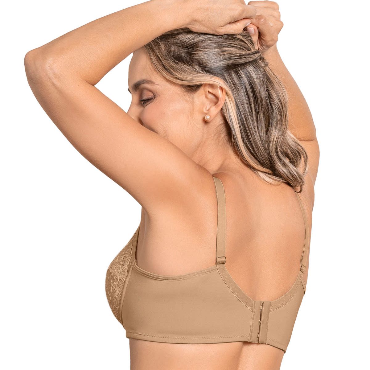 LEONISA - Sostén triangular con copas en encaje y espalda en tela lisa 71357 Café