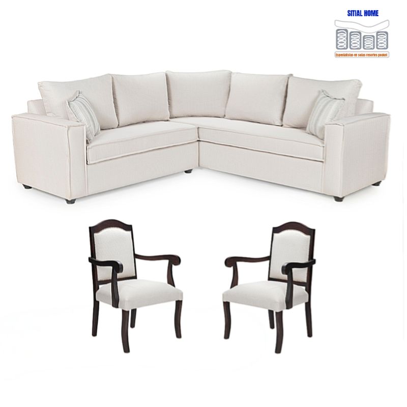 SITIAL HOME - Living 311 Juliette seccional resortes + 2 sitiales clasicos en madera
