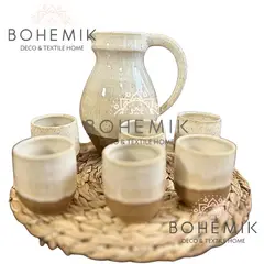 GENERICO - Set Jarra y seis Vasos Ceramica para Pisco Sour Café Tierra