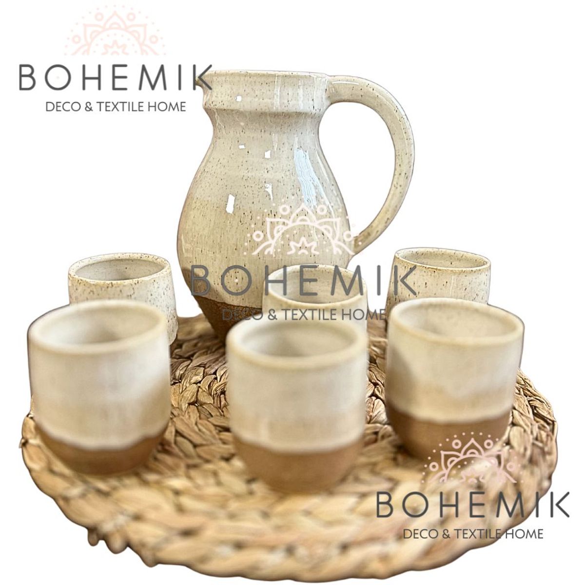 BOHEMIK - Set Jarra y seis Vasos Ceramica Gres para Pisco Sour Café Tierra
