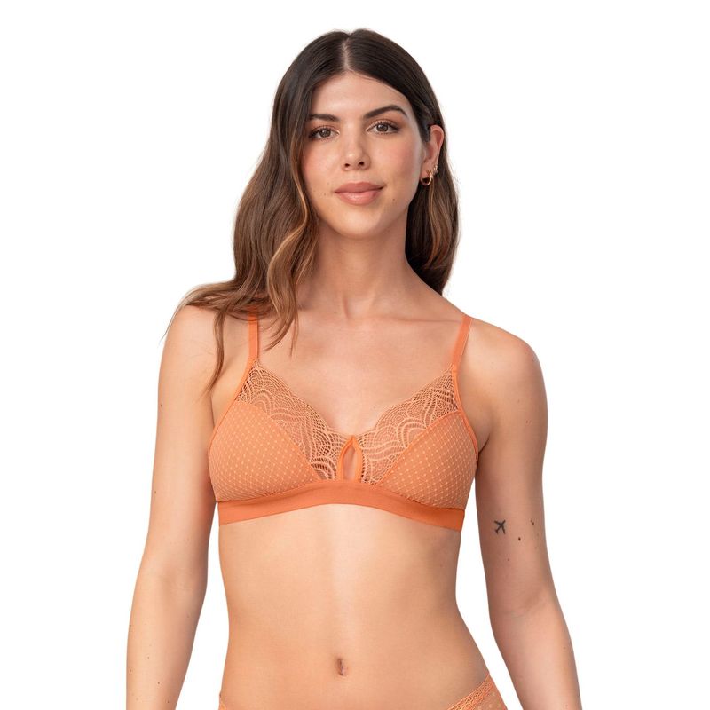 LEONISA - Bralette triangular en encaje y tul con detalle de ojal en escote 091025 Naranjo