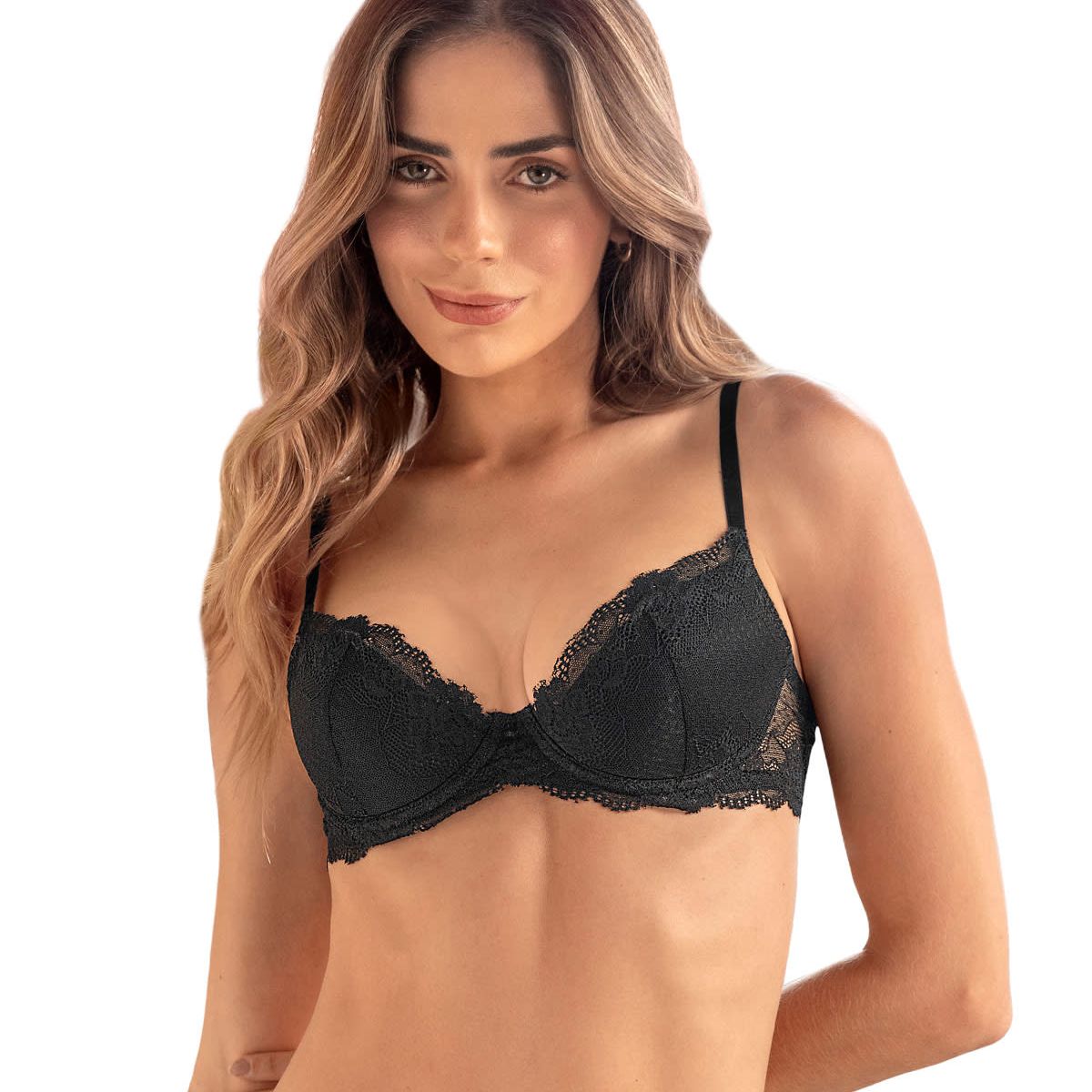 LEONISA - Sostén media copa con detalles de encaje en escote y espalda 091142 Negro