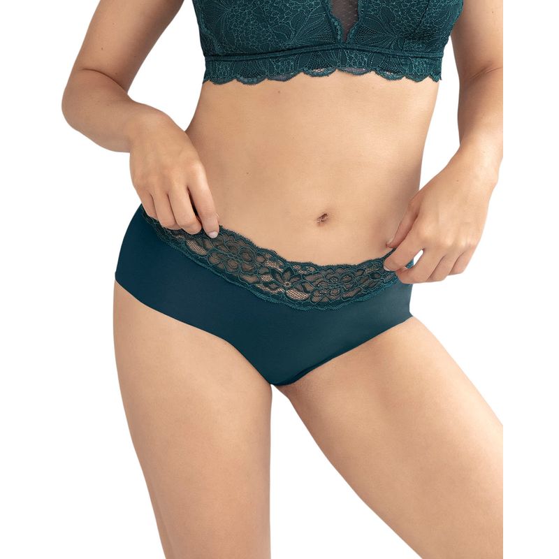 LEONISA - Calzón hípster en tela ultraliviana con franja de encaje 012960 Verde Oscuro