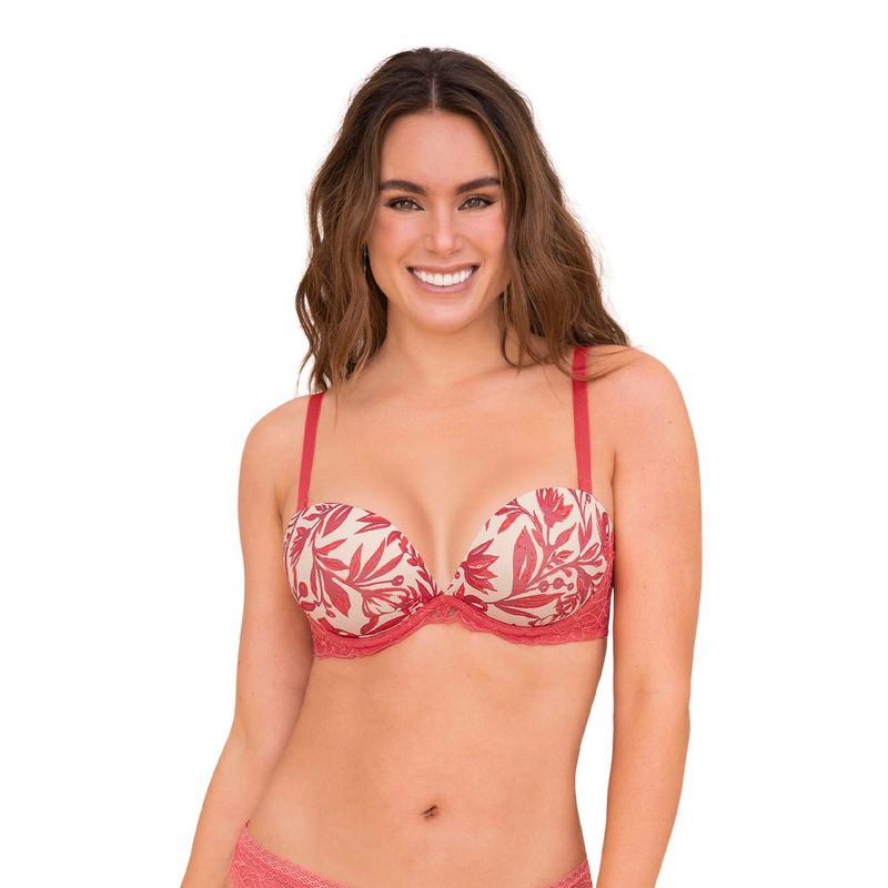 LEONISA - Sostén triple realce efecto 3D escote profundo 091043 Rojo