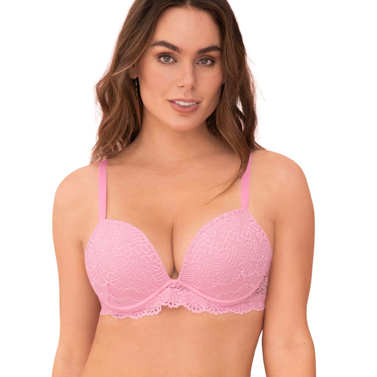 LEONISA - Sostén doble realce escote profundo elaborado en encaje 71345 Rosado Pastel