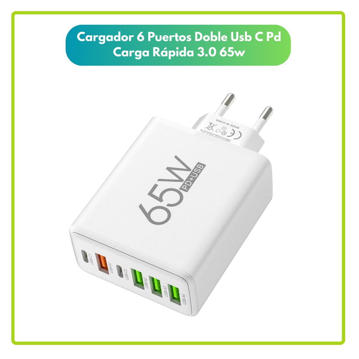 GENERICO - Cargador 6 Puertos Doble Usb C Pd Carga Rapida 3.0 65w
