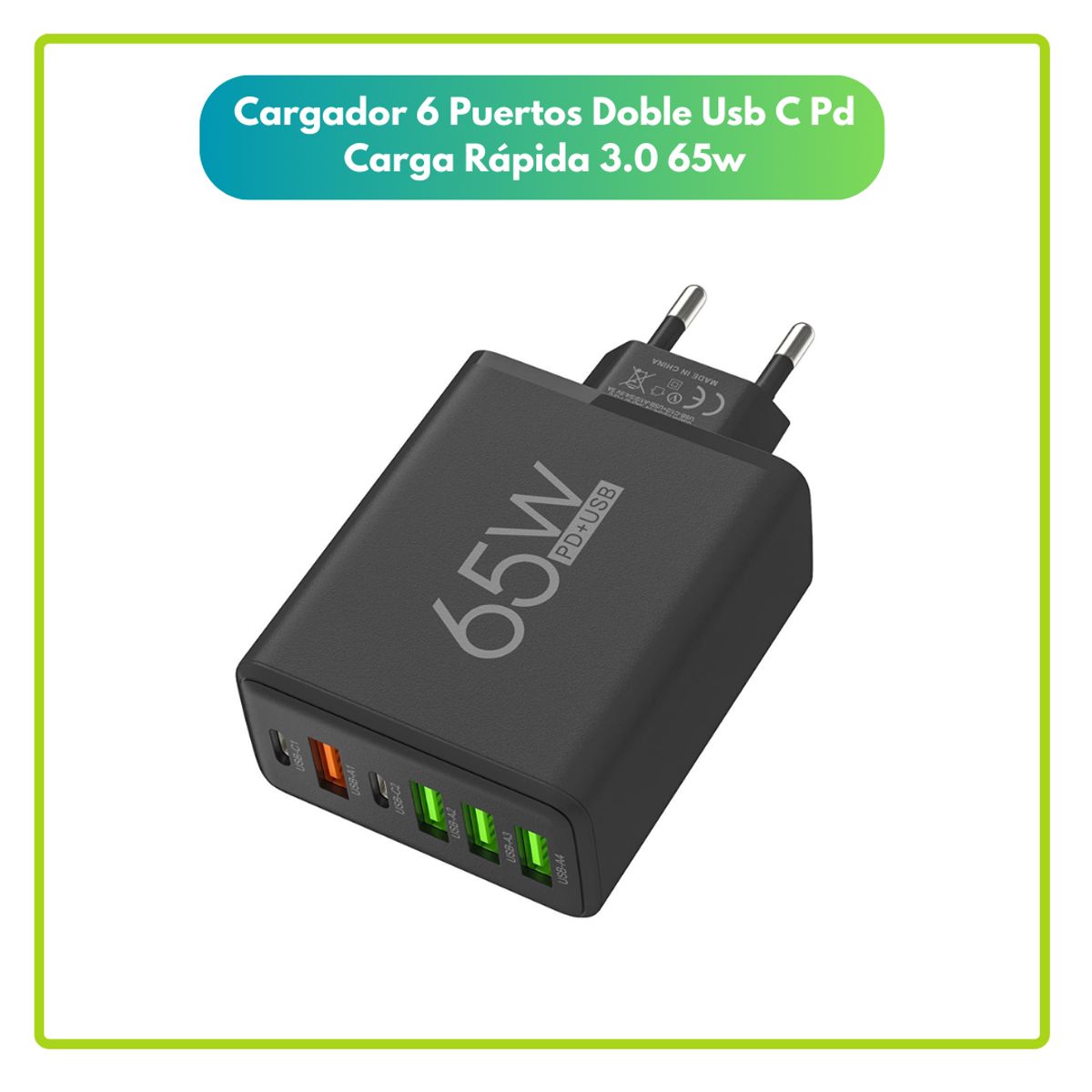 GENERICO - Cargador 6 Puertos Doble Usb C Pd Carga Rapida 3.0 65w