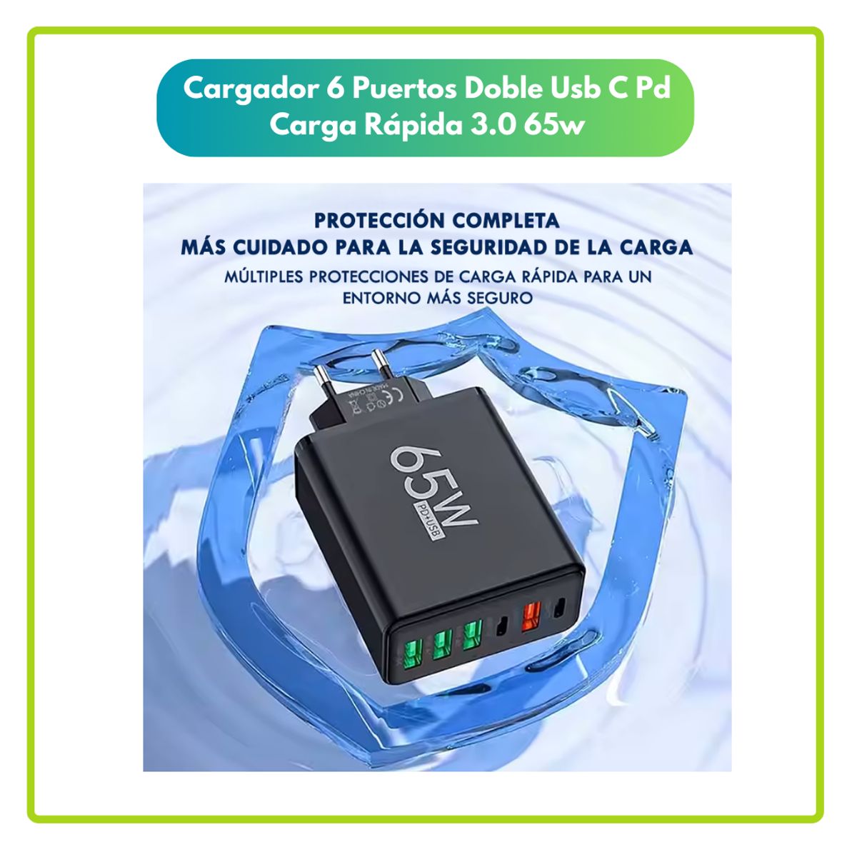 GENERICO - Cargador 6 Puertos Doble Usb C Pd Carga Rapida 3.0 65w