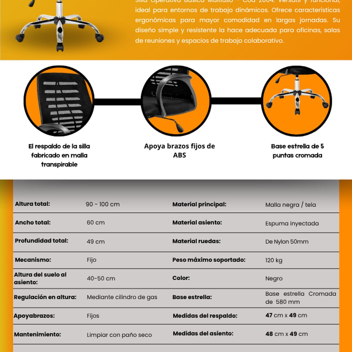 GENERICO - Silla Operativa Básica Multiuso -Cod-2004-