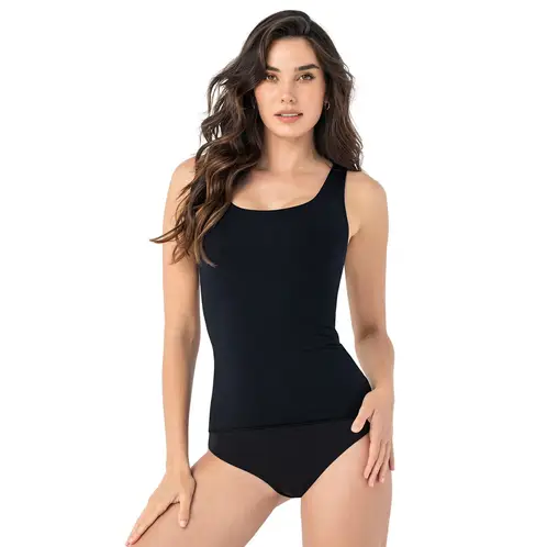 LEONISA - Camiseta de control moderado con doble capa en abdomen 015815 Negro