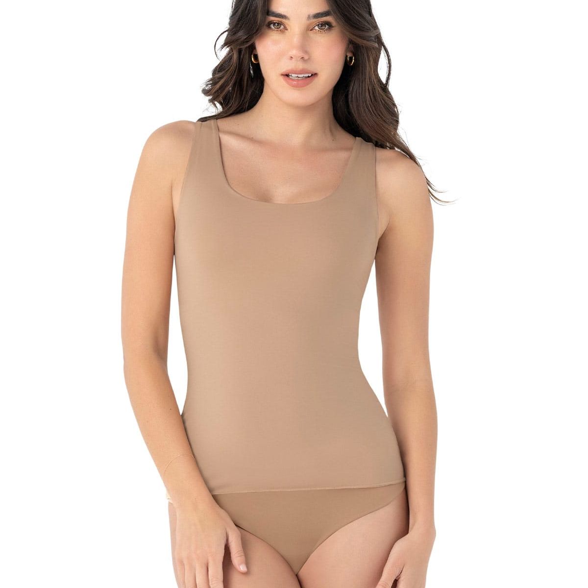 LEONISA - Camiseta de control moderado con doble capa en abdomen 015815 Café