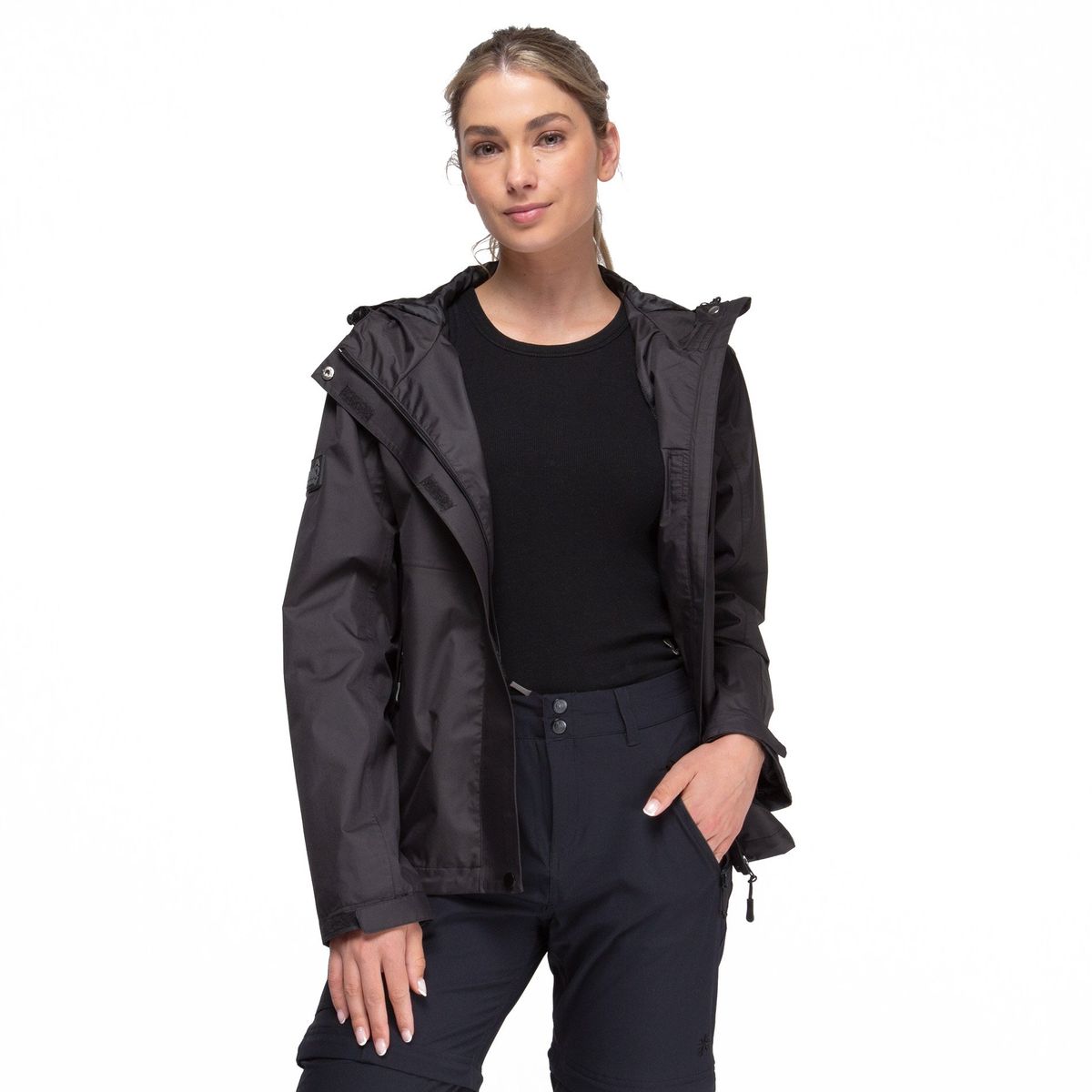 KANO - Chaqueta Cortavientos Impermeable Mujer Negro con Gorro