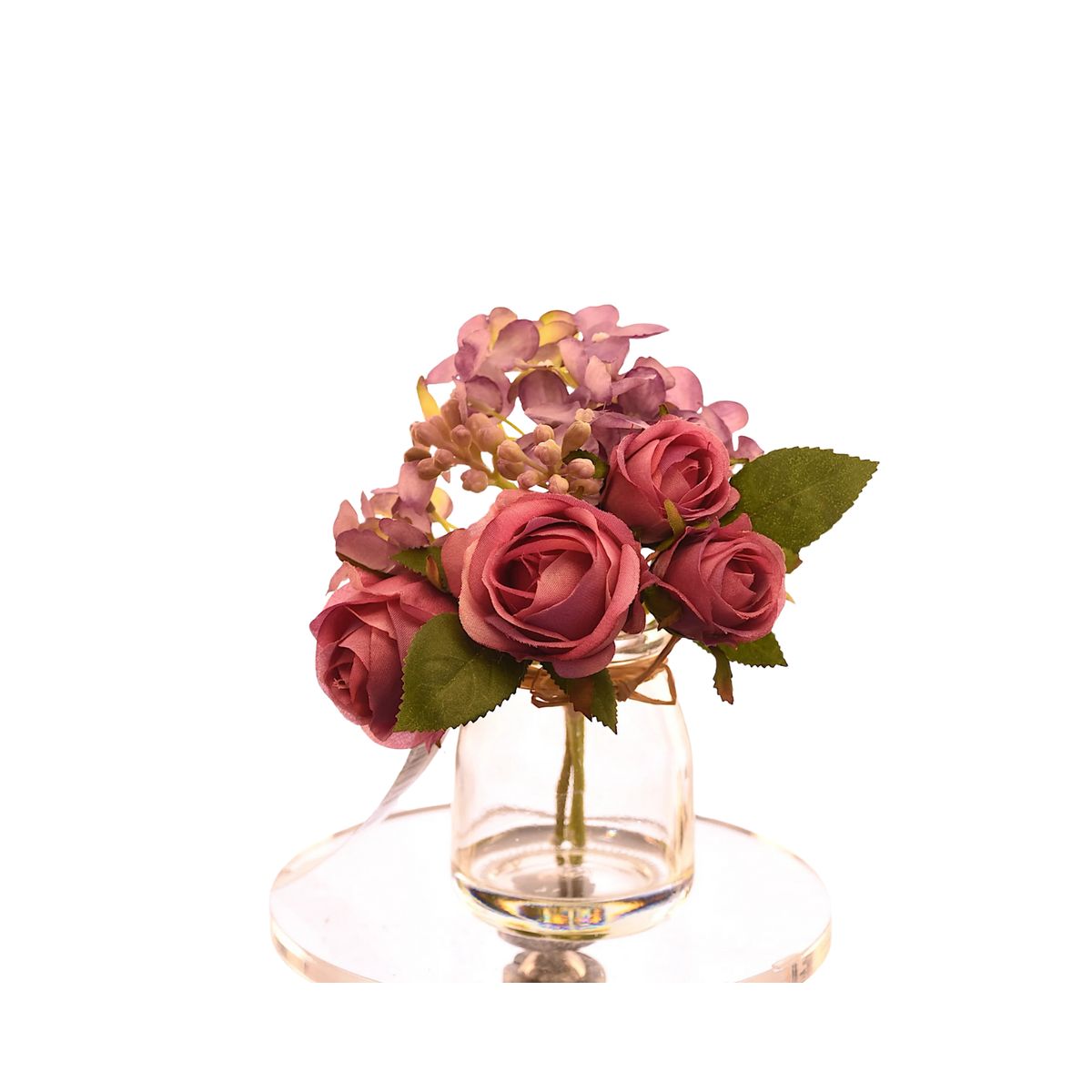 VADELL - Flores rosado oscuro artificiales de 15 cm en florero de vidrio