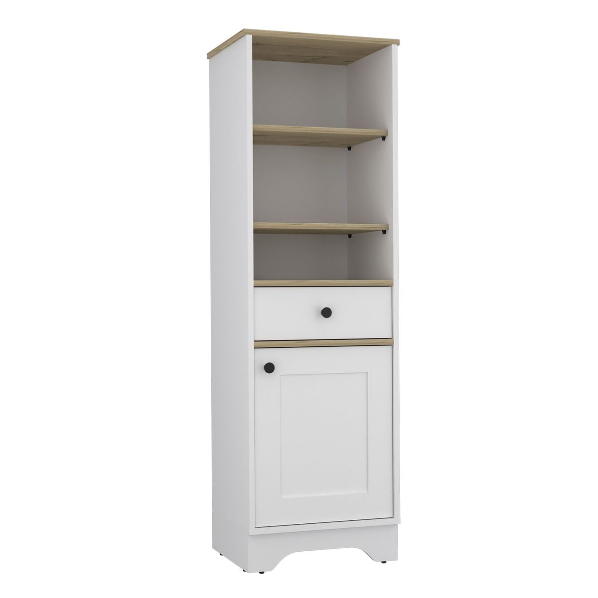 FMFURNITURE - Estante Organzador Baño 1 Puerta 1 Cajon Café claro y Blanco 141.6x44x35.3 cm