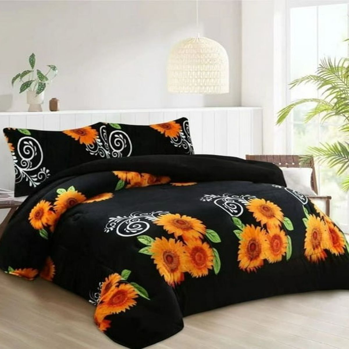 GENERICO - COBERTOR PLUSH CON CHIPORRO LISO DISEÑO NEGRO GIRASOLES TF 2 PLAZA