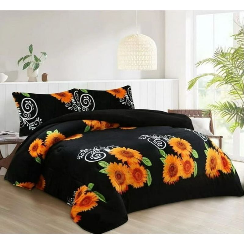 GENERICO - COBERTOR PLUSH CON CHIPORRO LISO DISEÑO NEGRO GIRASOLES TF 2 PLAZA