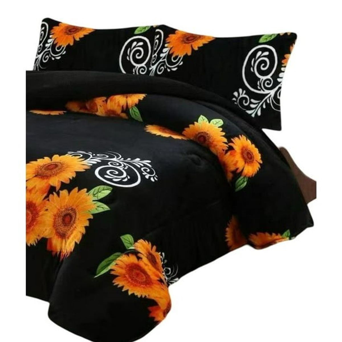 GENERICO - COBERTOR PLUSH CON CHIPORRO LISO DISEÑO NEGRO GIRASOLES TF 2 PLAZA