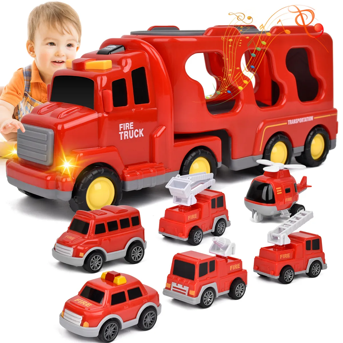 KOKILA - Camion de Bomberos de Juguete 7 en 1 con Luces y Sonido Rojo