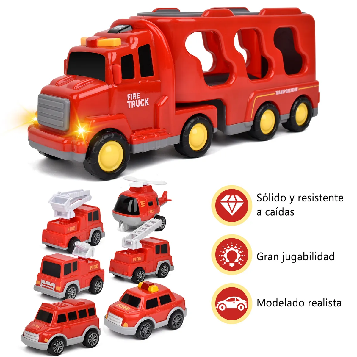 KOKILA - Camion de Bomberos de Juguete 7 en 1 con Luces y Sonido Rojo