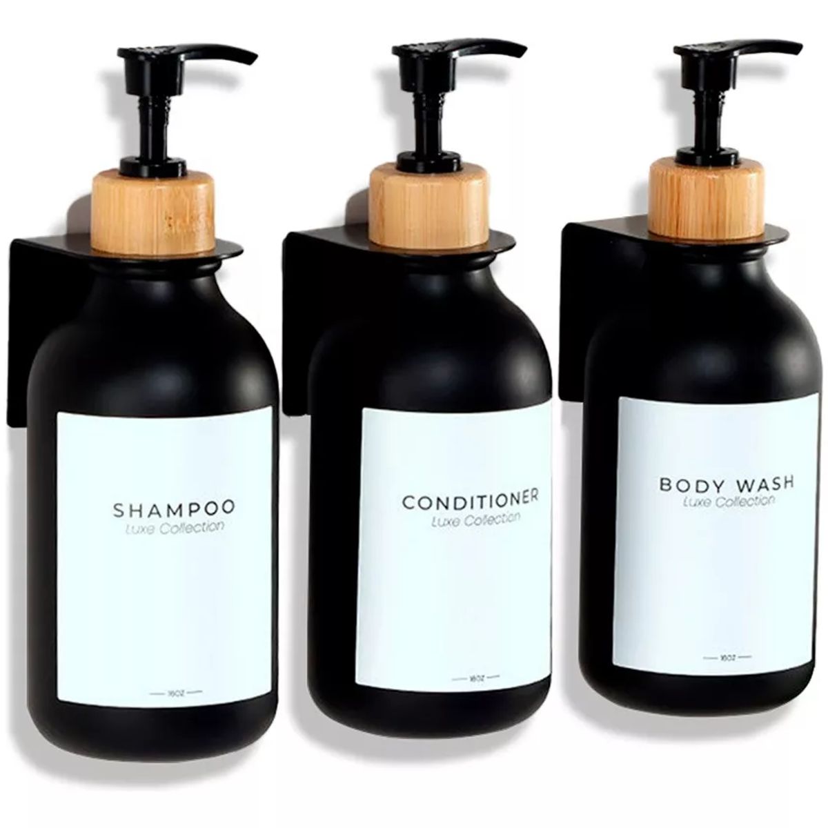 MOBOI - Dispensador Triple De Bambu Jabon Shampoo Acondicionador Negro