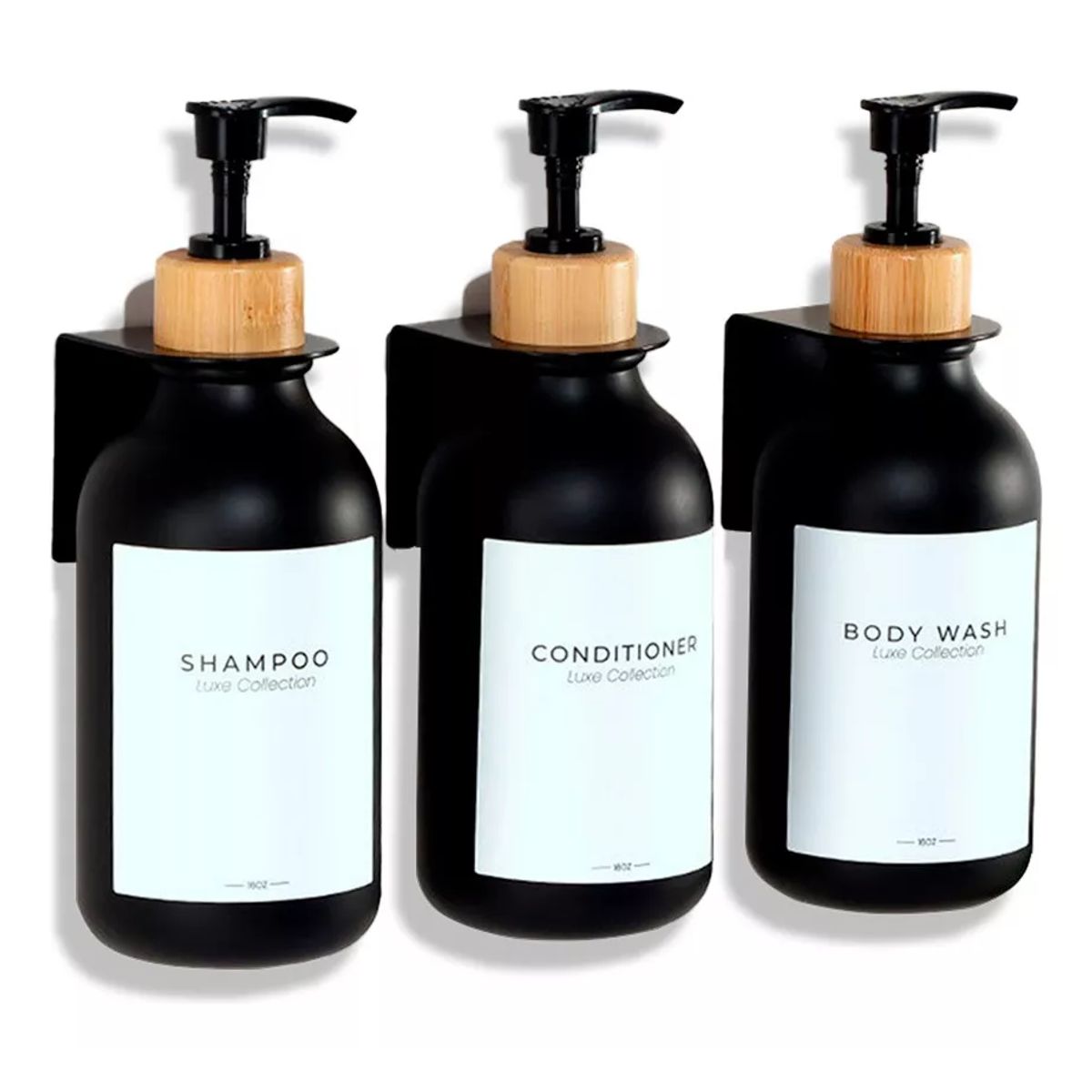 MOBOI - Dispensador Triple De Bambu Jabon Shampoo Acondicionador Negro