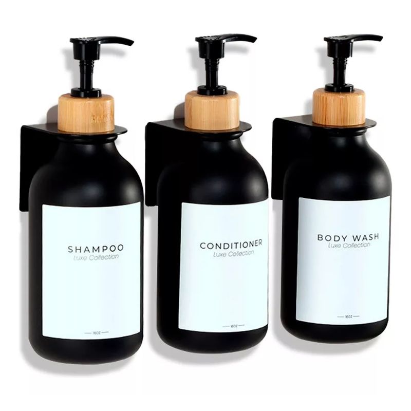 MOBOI - Dispensador Triple De Bambu Jabon Shampoo Acondicionador Negro