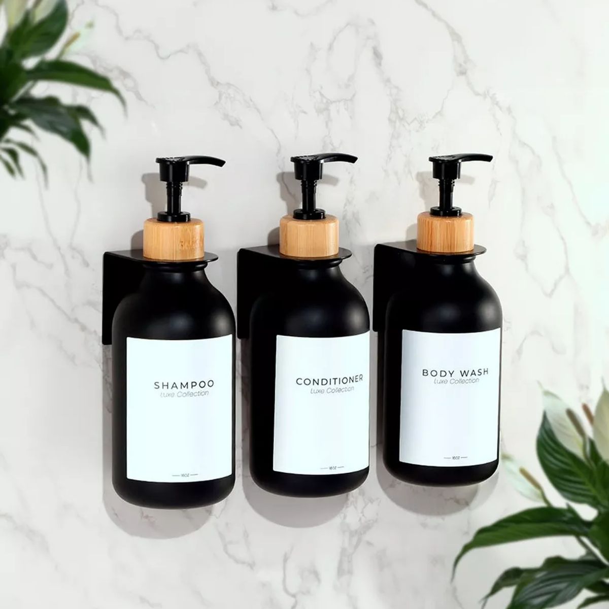 MOBOI - Dispensador Triple De Bambu Jabon Shampoo Acondicionador Negro