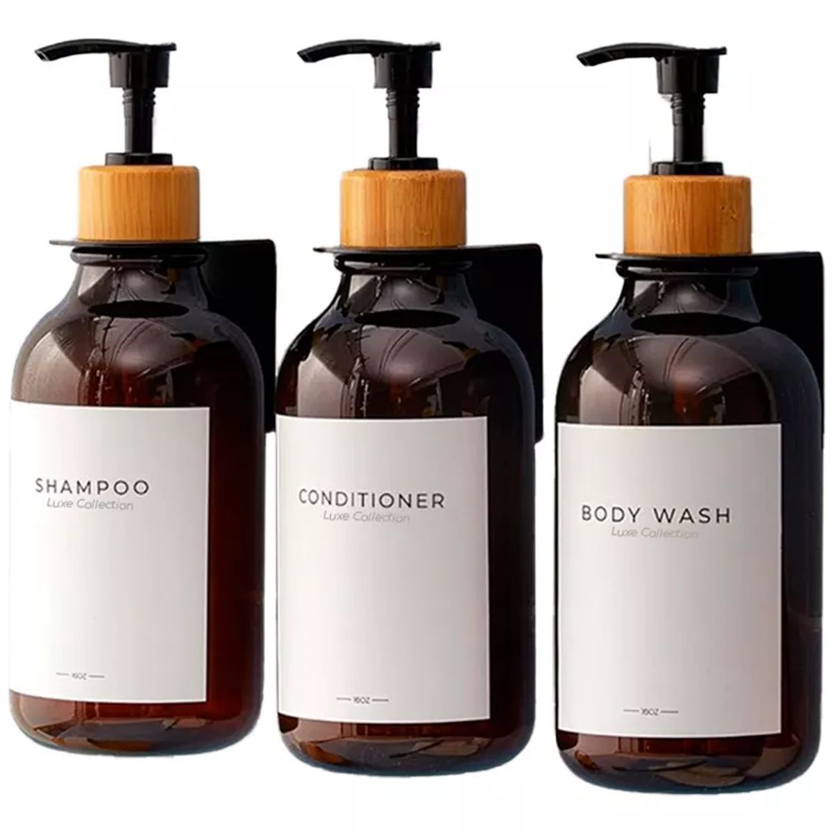 MOBOI - Dispensador Triple De Bambu Jabon Shampoo Acondicionador Marron