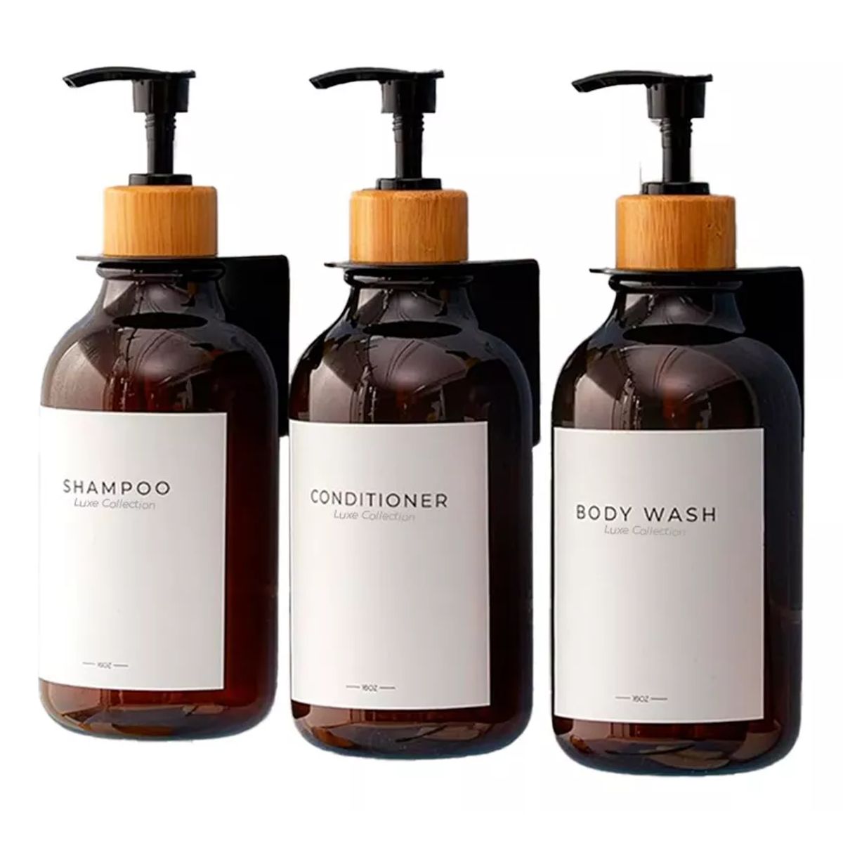 MOBOI - Dispensador Triple De Bambu Jabon Shampoo Acondicionador Marron