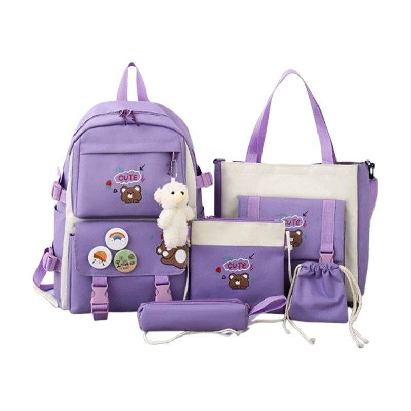 DANWEILE - 5 en 1 Moda Mochila Infantil  Lonchera Estuche - Púrpura
