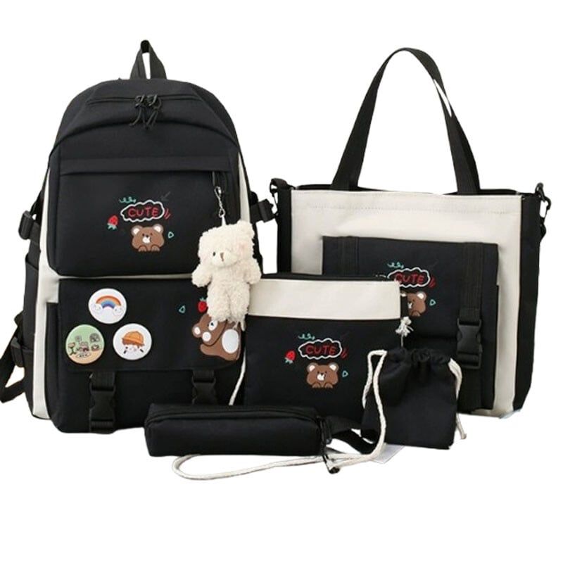 DANWEILE - 5 en 1 Moda Mochila Infantil  Lonchera Estuche - Negro