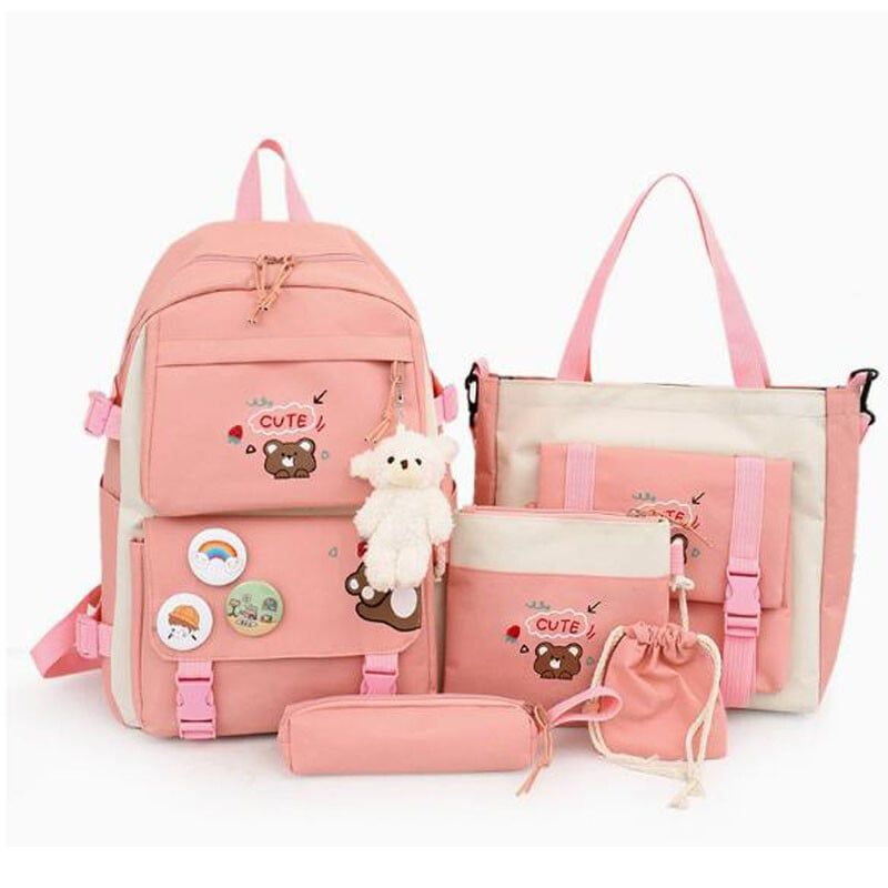 DANWEILE - 5 en 1 Moda Mochila Infantil  Lonchera Estuche - Rosa