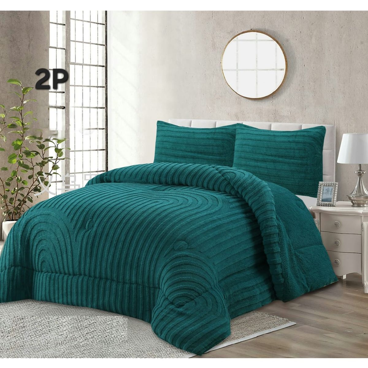 COMPRAPO - Cobertor Chiporro Líneas y Arcos 2 Plazas Verde + 2 Fundas