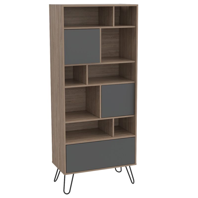 FMFURNITURE - Biblioteca 3 Puertas 12 Repisas Fm-004C Café Claro Y Plomo