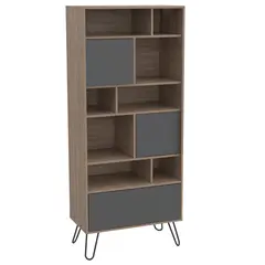 FMFURNITURE - Biblioteca 3 Puertas 12 Repisas Fm-004C Café Claro Y Plomo