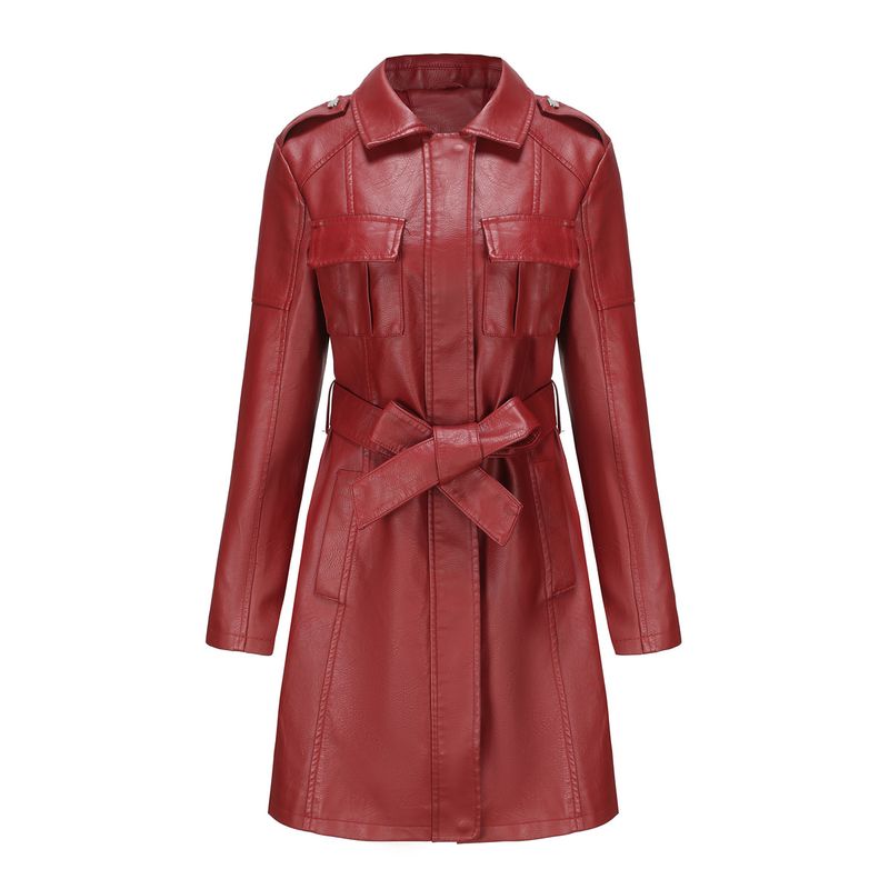TIOZONEY - Abrigo largo PU con lazo para mujer - Rojo