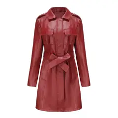 TIOZONEY - Abrigo largo PU con lazo para mujer - Rojo