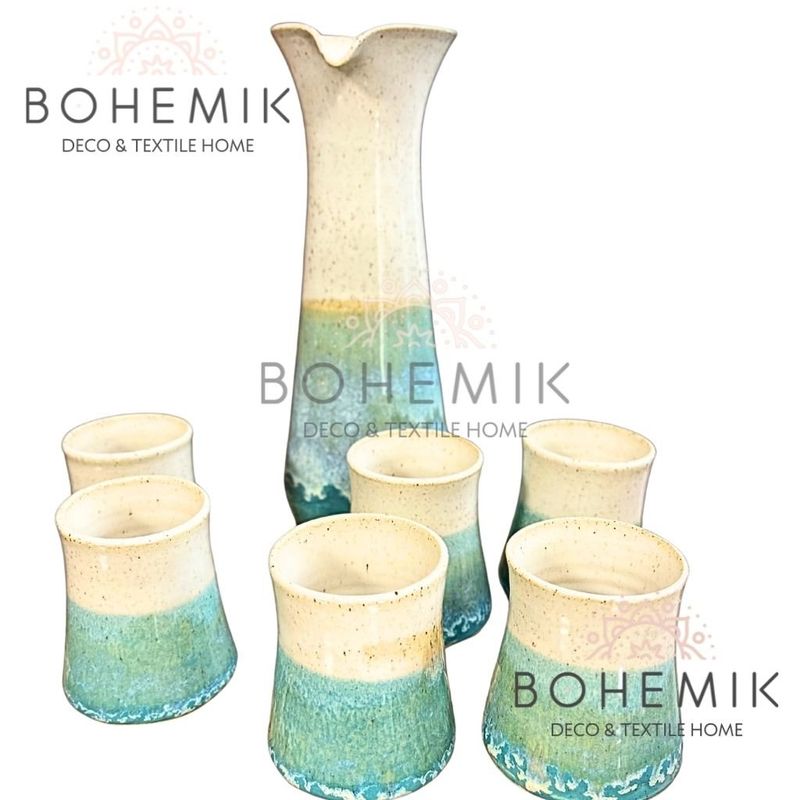 GENERICO - Set Jarra y Vasos para Pisco Sour Esmeralda y Crema
